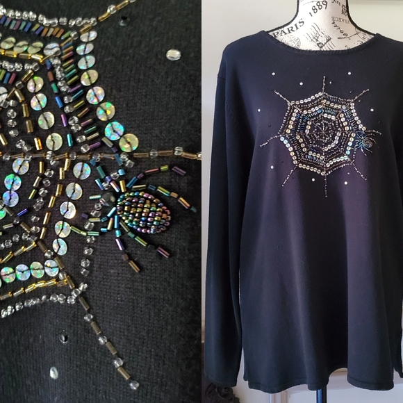 Quacker Factory Sweaters - Vintage sequin spider web Halloween pullover sweater
